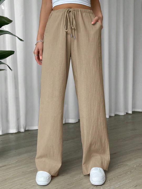 EZwear Linen Drawstring Waist Slant Pocket Wide Leg Pants