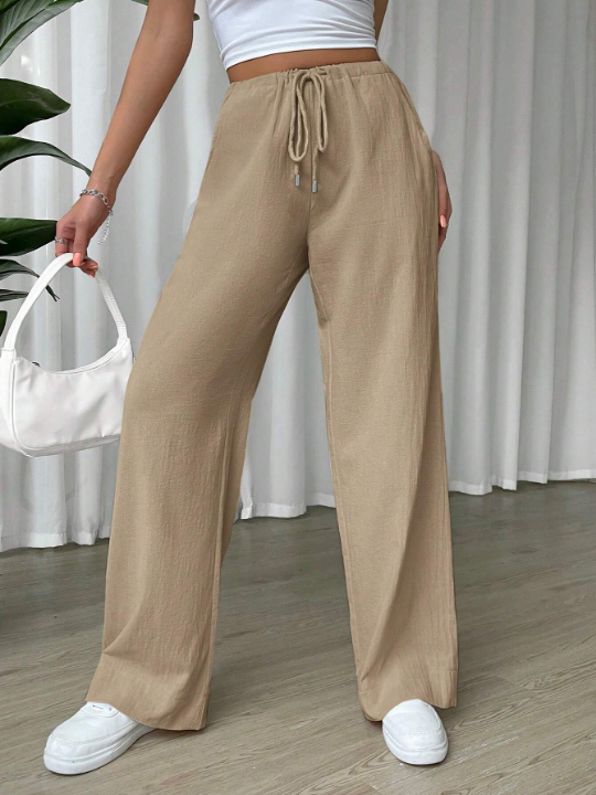 EZwear Linen Drawstring Waist Slant Pocket Wide Leg Pants