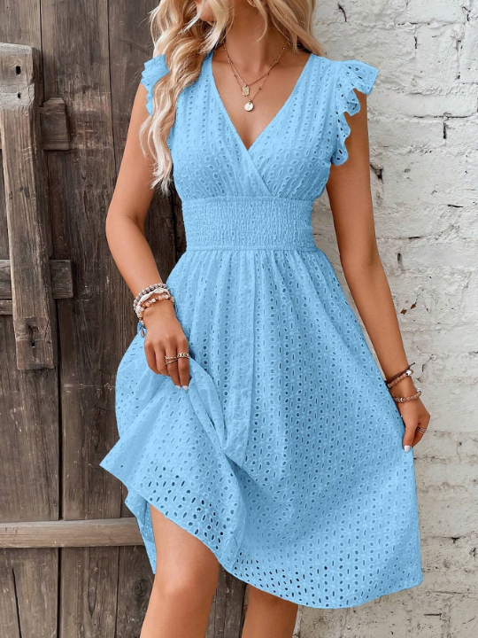 VCAY Eyelet Embroidery Ruffle Trim Dress