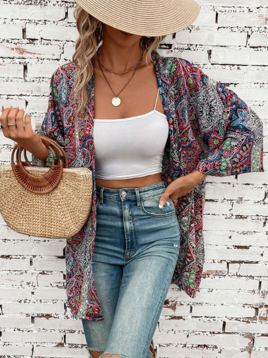 VCAY Paisley Print Open Front Kimono