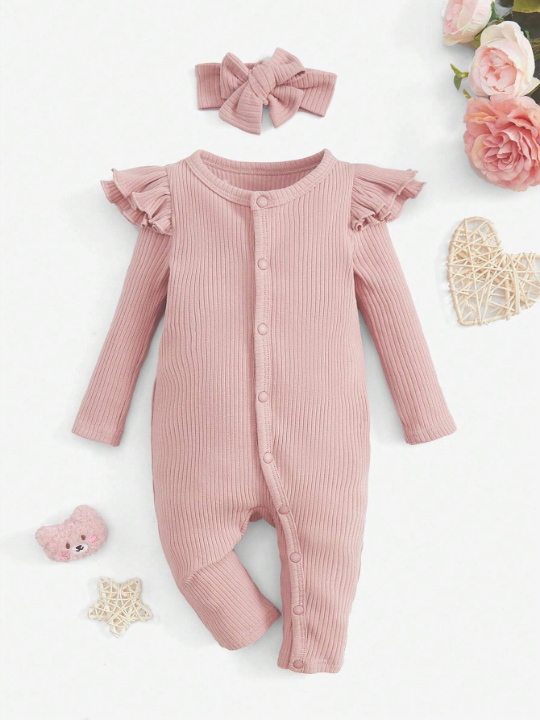 Newborn Baby Girls' Autumn/winter Cute & Comfy Pink Footed Jumpsuit With Snap Button, Headband And Ruffle Detail