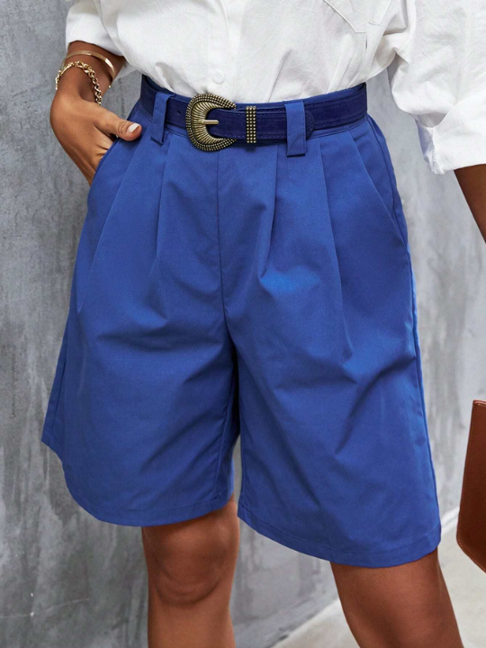 Frenchy Fold Pleated Slant Pocket Bermuda Shorts Without Belt