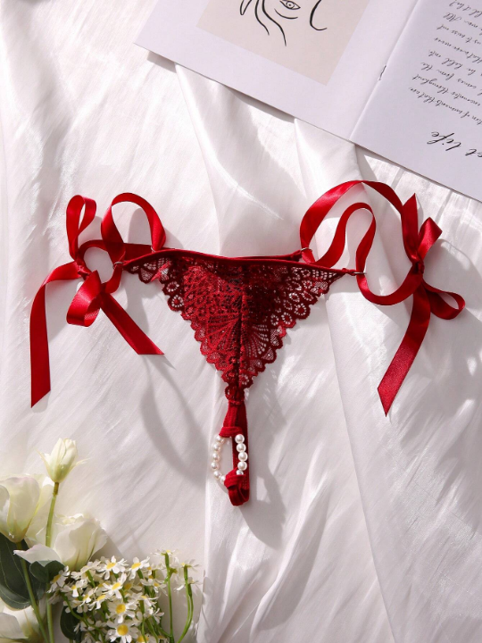 Classic Sexy Floral Lace Bow Decor Crotchless Panty