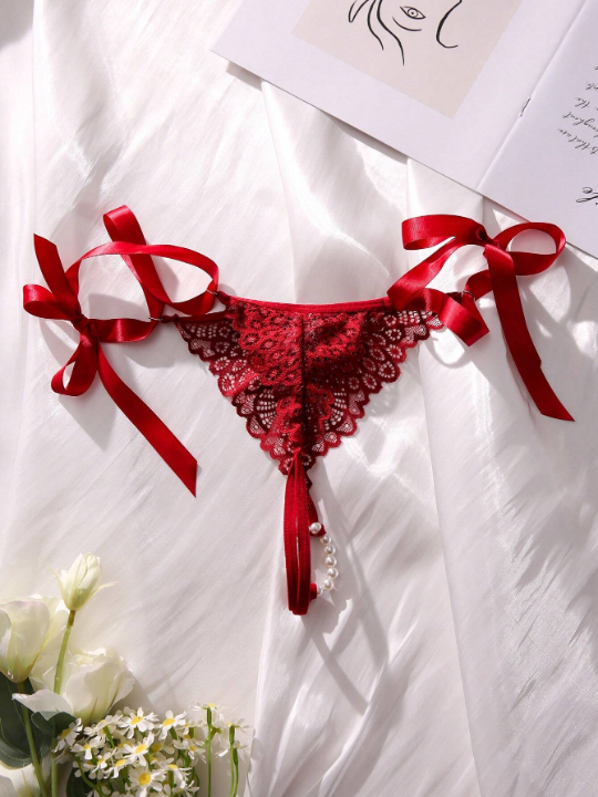 Classic Sexy Floral Lace Bow Decor Crotchless Panty