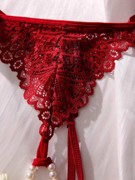 Classic Sexy Floral Lace Bow Decor Crotchless Panty