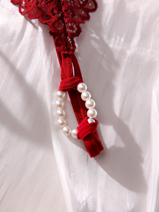 Classic Sexy Floral Lace Bow Decor Crotchless Panty