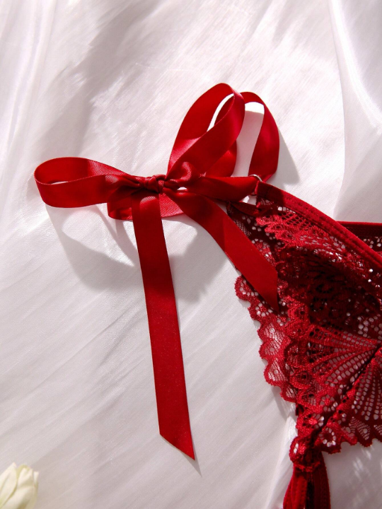 Classic Sexy Floral Lace Bow Decor Crotchless Panty