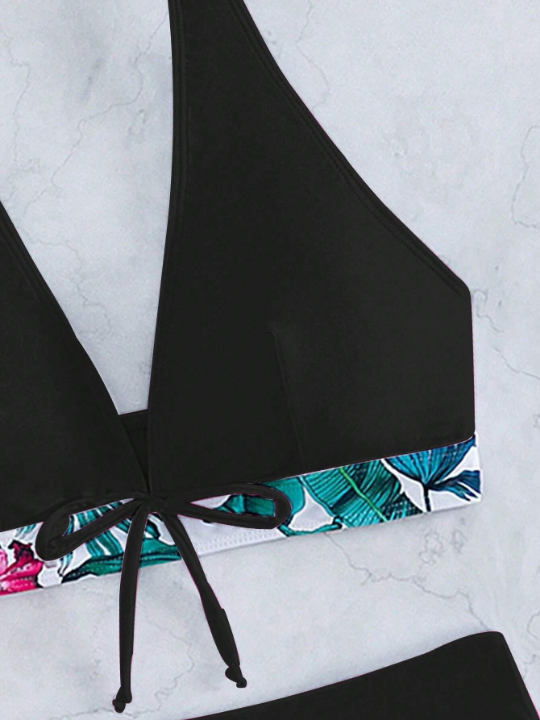 Tropical Print Halter Bikini Swimsuit