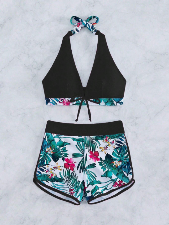 Tropical Print Halter Bikini Swimsuit