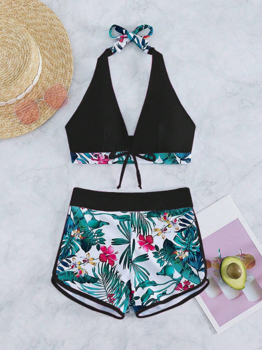 Tropical Print Halter Bikini Swimsuit