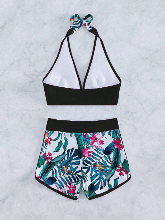 Tropical Print Halter Bikini Swimsuit