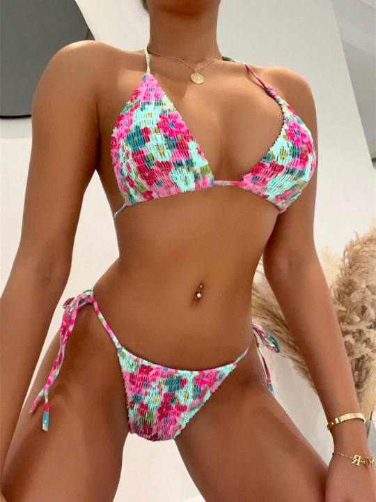 Floral Print Smocked Halter Triangle Bikini Swimsuit