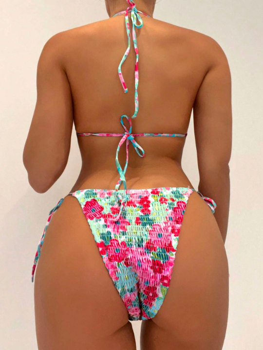 Floral Print Smocked Halter Triangle Bikini Swimsuit