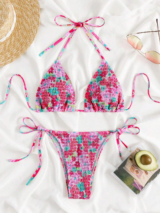 Floral Print Smocked Halter Triangle Bikini Swimsuit