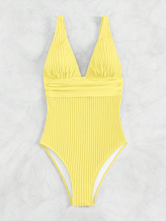 Plain V Neck One Piece Swimsuit