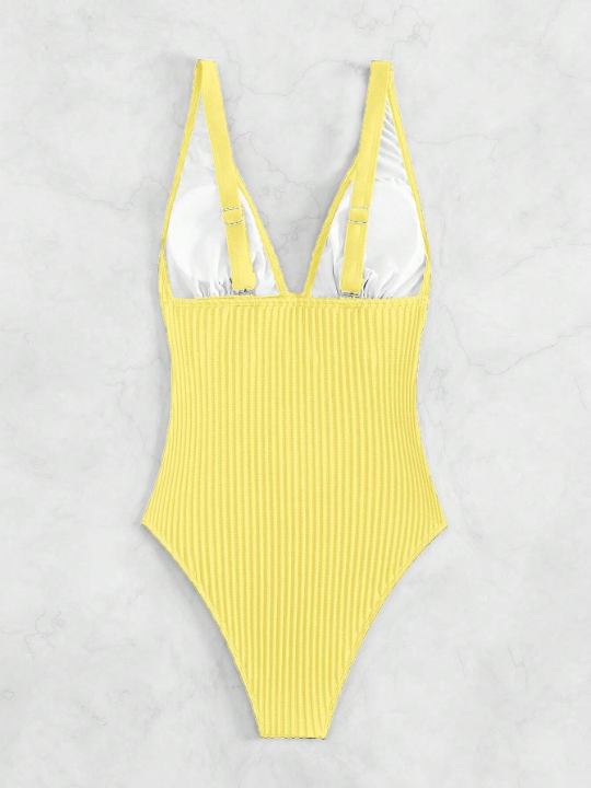 Plain V Neck One Piece Swimsuit