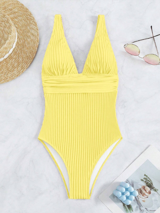 Plain V Neck One Piece Swimsuit