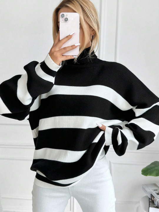 Frenchy Striped Pattern Turtleneck Drop Shoulder Sweater