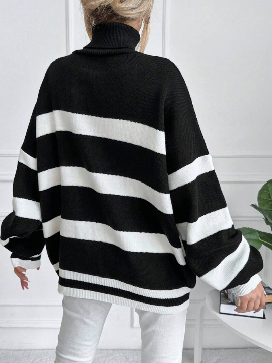 Frenchy Striped Pattern Turtleneck Drop Shoulder Sweater