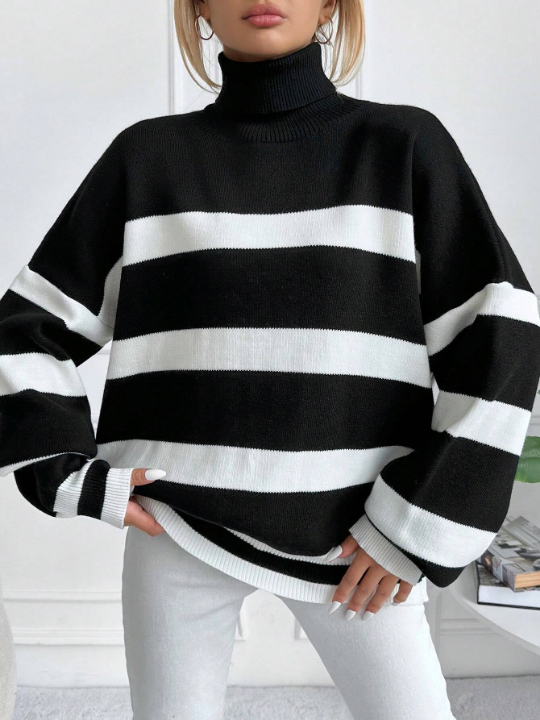 Frenchy Striped Pattern Turtleneck Drop Shoulder Sweater