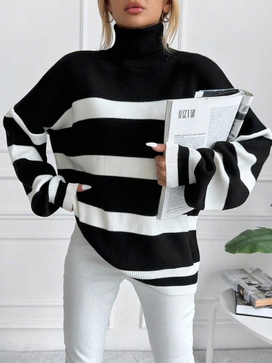 Frenchy Striped Pattern Turtleneck Drop Shoulder Sweater