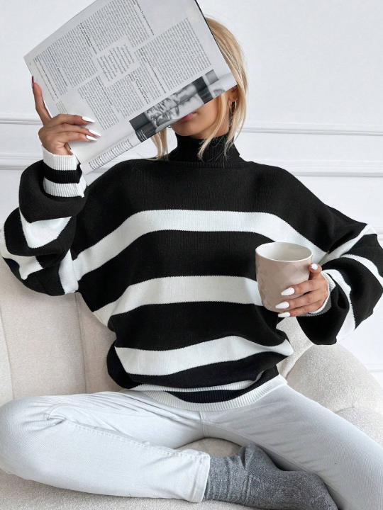 Frenchy Striped Pattern Turtleneck Drop Shoulder Sweater