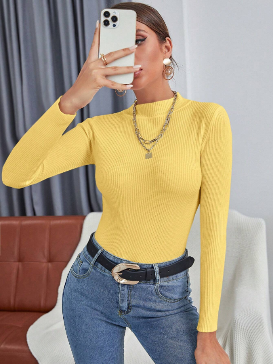 Essnce Mock Neck Ribbed Knit Sweater