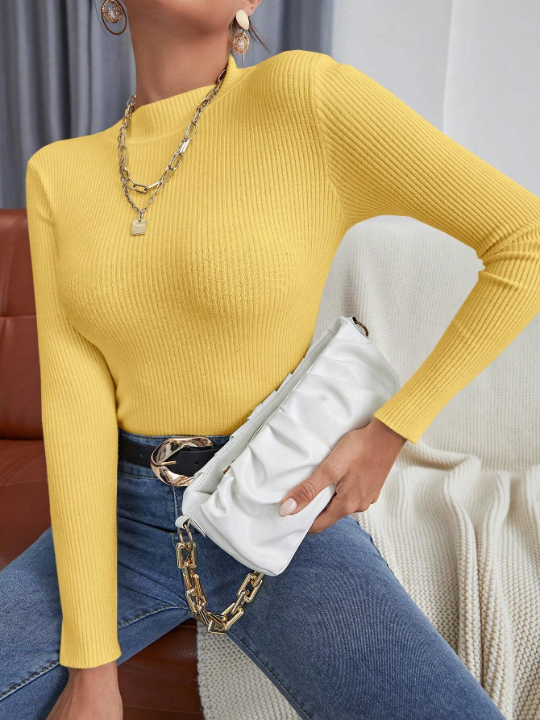 Essnce Mock Neck Ribbed Knit Sweater