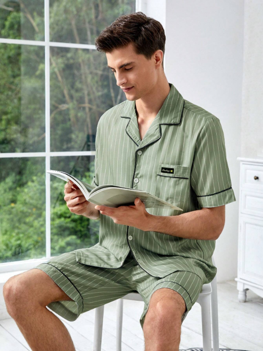 Men Striped Print Contrast Piping PJ Set