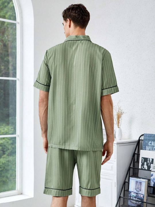 Men Striped Print Contrast Piping PJ Set