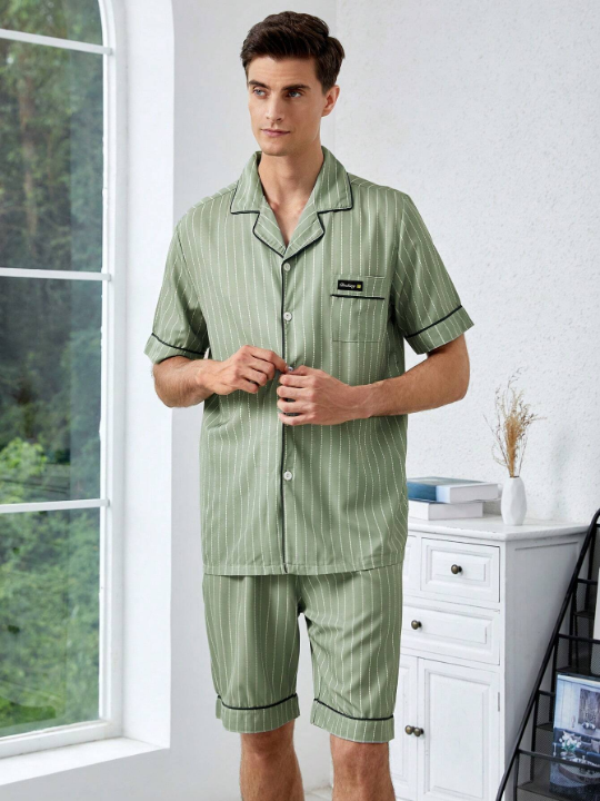 Men Striped Print Contrast Piping PJ Set