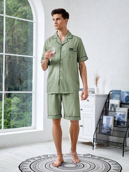 Men Striped Print Contrast Piping PJ Set