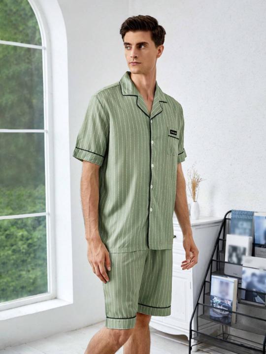 Men Striped Print Contrast Piping PJ Set