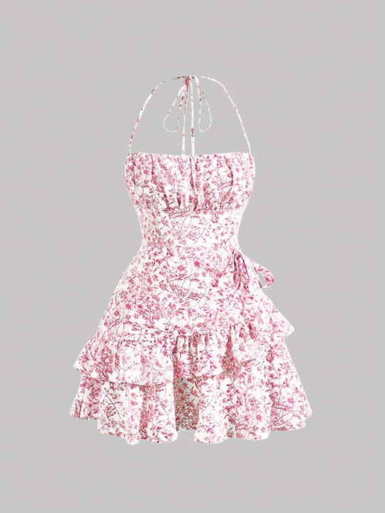 MOD Summer Pink Allover Floral Print Ruffle Trim Tie Backless Ruched Bust Halter Dress