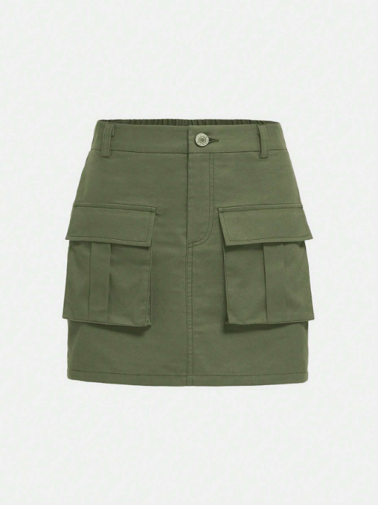 Solid Color Casual Short Skirt For Teen Girls, Flap Pocket Design Utility Skirt