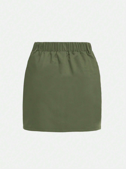 Solid Color Casual Short Skirt For Teen Girls, Flap Pocket Design Utility Skirt