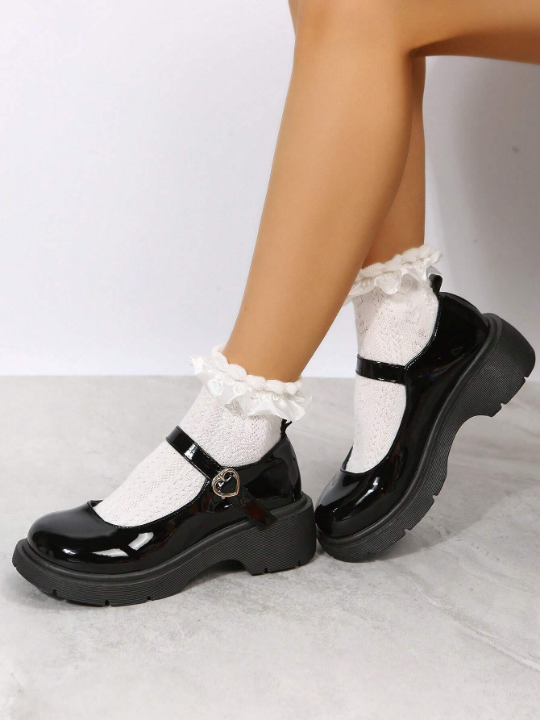 Young Women's Fashionable & Comfortable Casual Black Heart Buckle Jk Style Loafers With Wedge Heel & Thick Sole