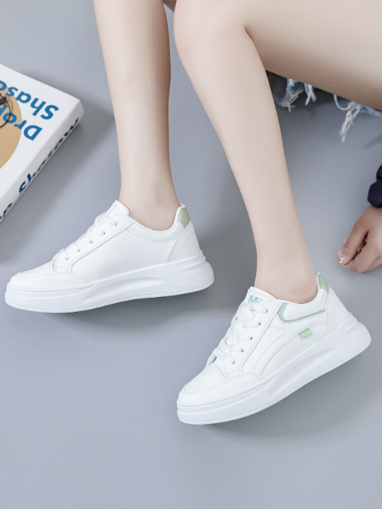 2023 New Arrival Women's Thick-soled Sneakers In White & Green With College Style, Versatile For Students' Casual Sports Activities