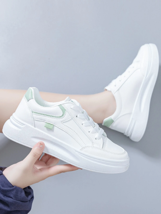 2023 New Arrival Women's Thick-soled Sneakers In White & Green With College Style, Versatile For Students' Casual Sports Activities