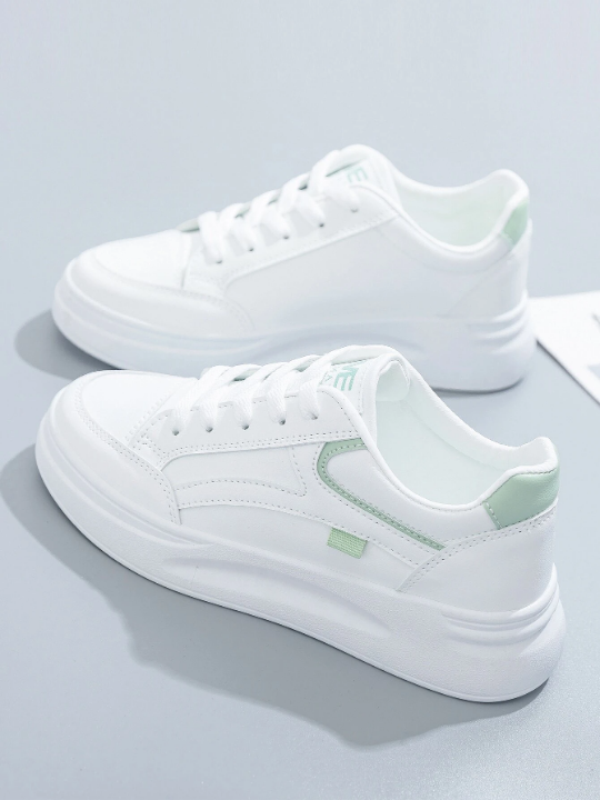 2023 New Arrival Women's Thick-soled Sneakers In White & Green With College Style, Versatile For Students' Casual Sports Activities