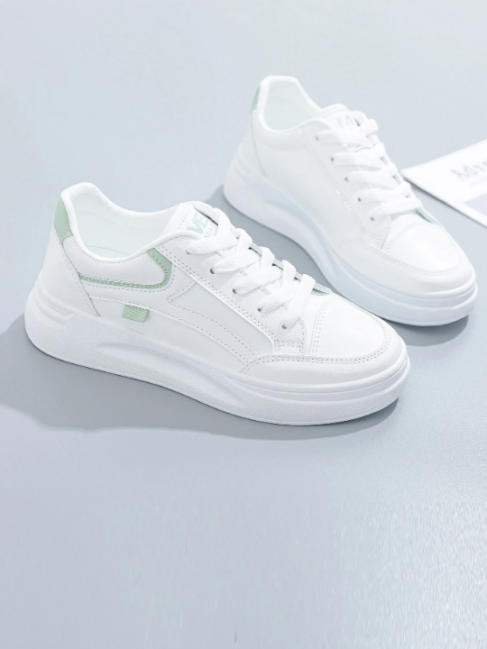 2023 New Arrival Women's Thick-soled Sneakers In White & Green With College Style, Versatile For Students' Casual Sports Activities