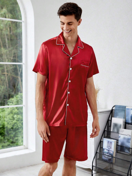 Men Contrast Piping PJ Set