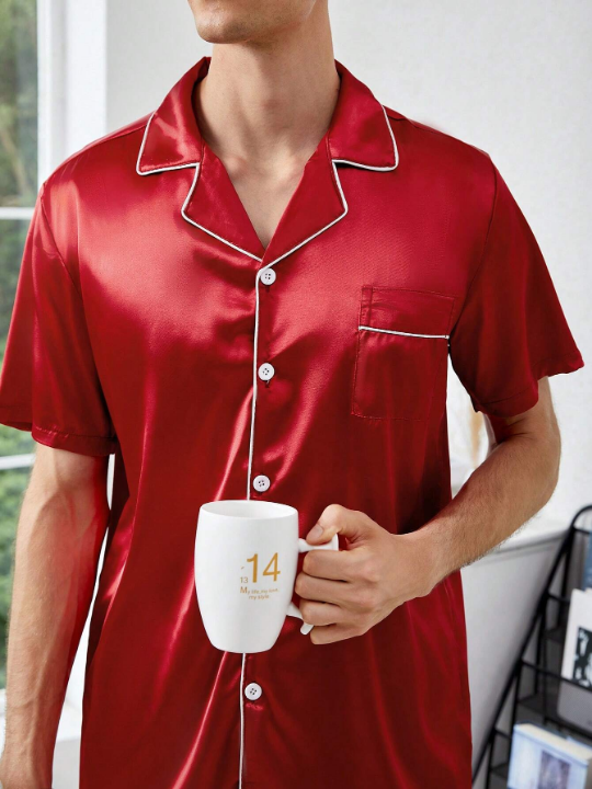 Men Contrast Piping PJ Set