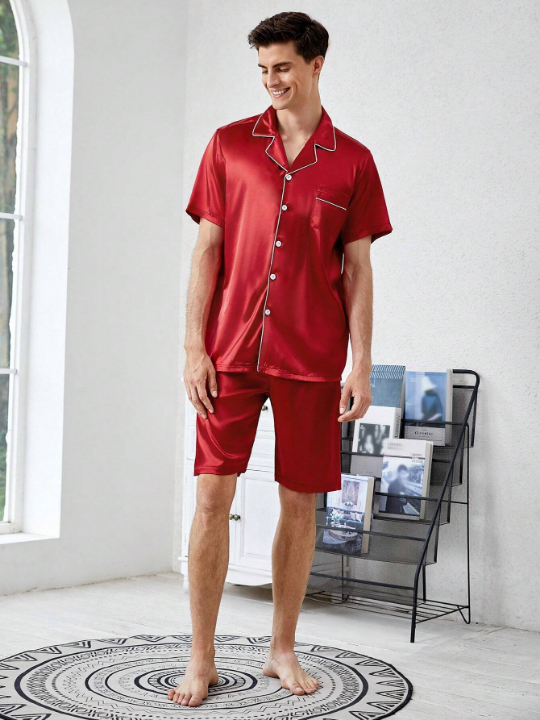 Men Contrast Piping PJ Set