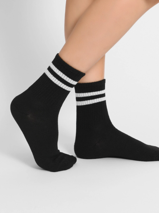 6 Pairs/set Men's Striped Design Mid-calf Socks In Black And White