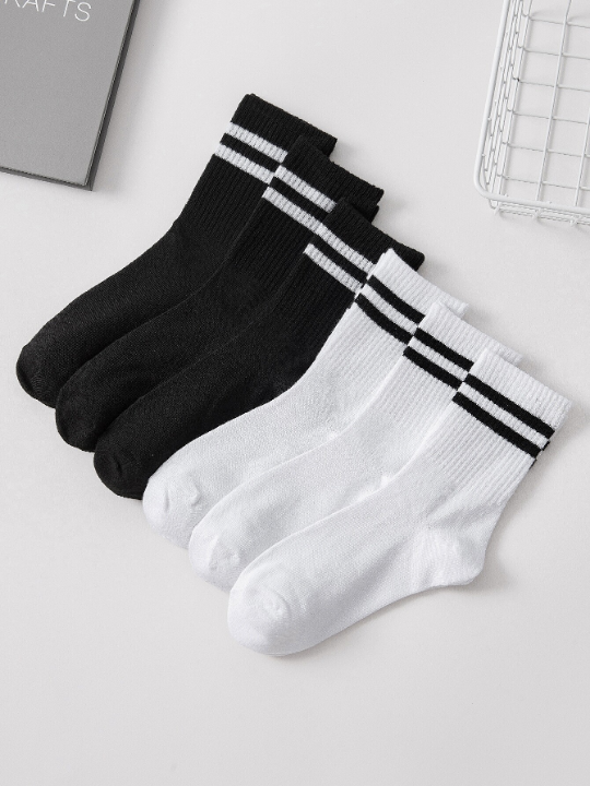 6 Pairs/set Men's Striped Design Mid-calf Socks In Black And White