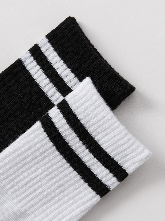 6 Pairs/set Men's Striped Design Mid-calf Socks In Black And White