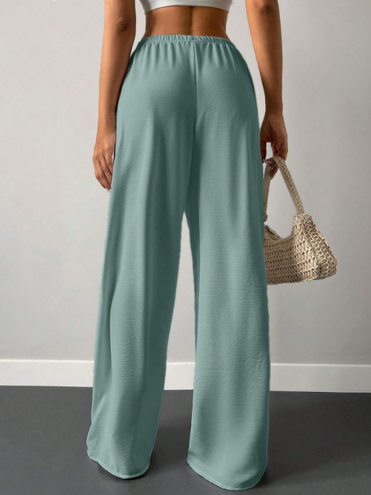 Cottnline Solid Elastic Waist Wide Leg Pants