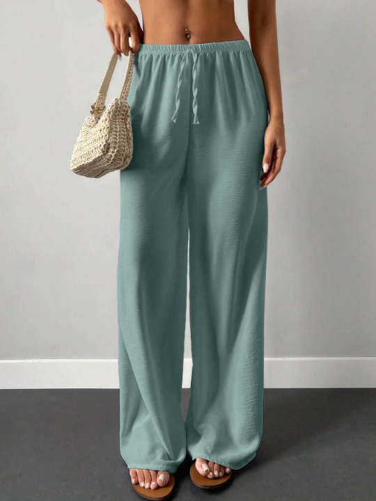 Cottnline Solid Elastic Waist Wide Leg Pants