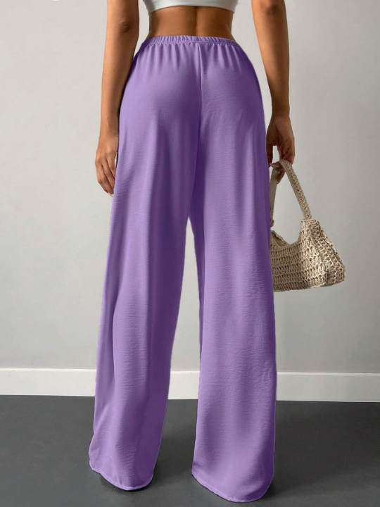 Cottnline Solid Elastic Waist Wide Leg Pants